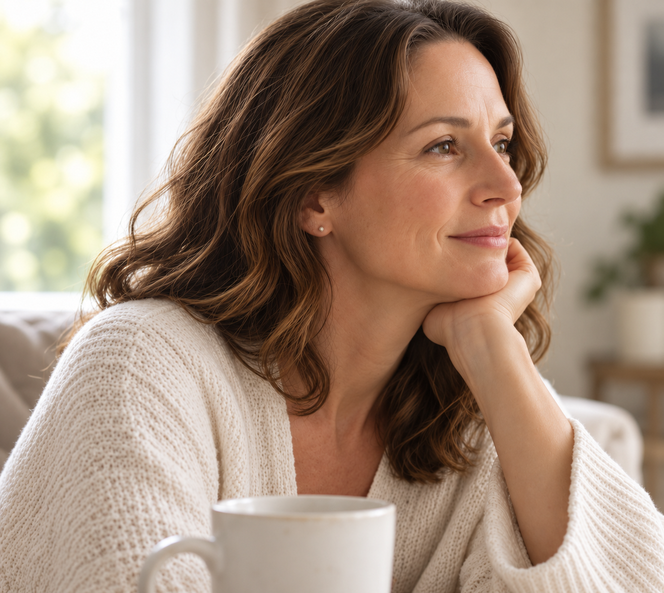 Woman enjoying a calm morning with a warm drink