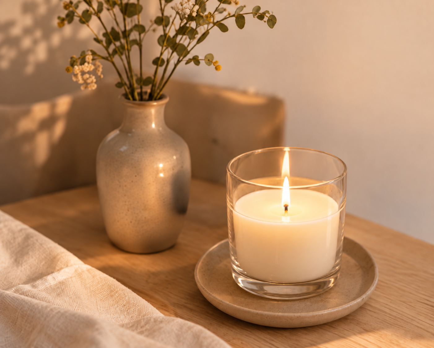 A candle glowing beside a simple vase